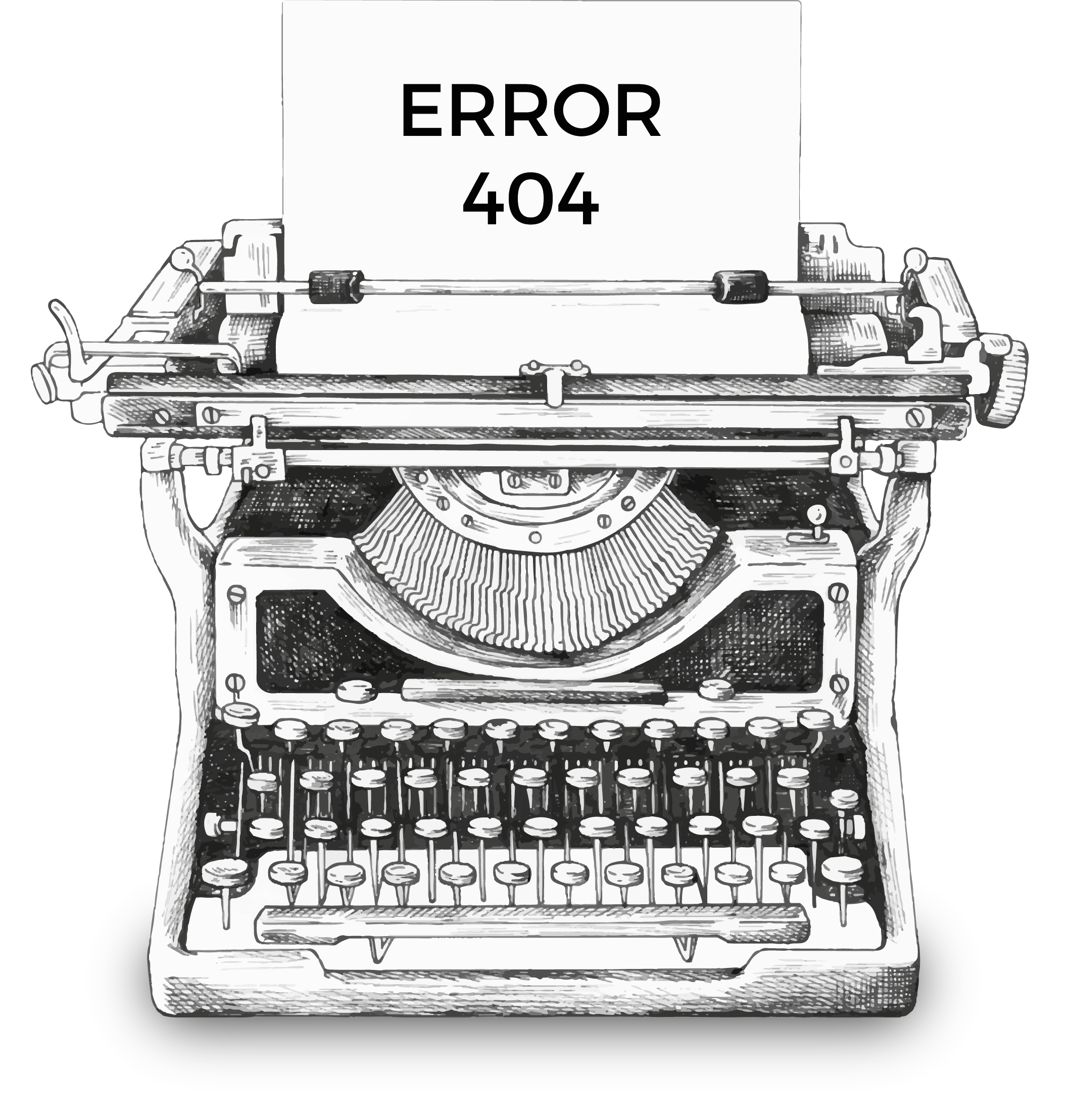 Imagem de uma máquina de escrever com um papel escrito 'error 404'